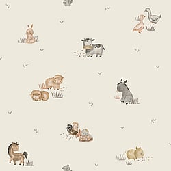 Galerie Wallcoverings Product Code 14831 - Little Explorers 2 Wallpaper Collection - Beige Colours - Bring your walls to life with this cute wallpaper design. Featuring friendly animals such as donkeys, chickens and pigs, this unique and adorable wallpaper is ideal for sparking their imagination, whether they are babies or older. Suitable for using as a sweet nursery wallpaper, this animal inspired design is available in a white and beige colourway, and is ideal for creating a modern and warm feel in your child’s bedroom or playroom.  Design