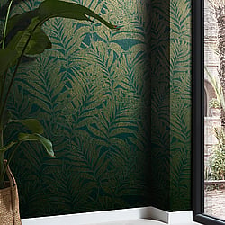 Galerie Wallcoverings Product Code 34007 - Hotel Wallpaper Collection - Green, Gold Colours - Botanical leaves design Design