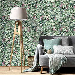 Galerie Wallcoverings Product Code AM30003 - Amazonia Wallpaper Collection - Green Pink Colours - Tropical Print Design