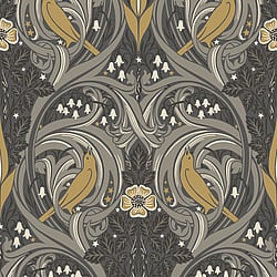 Galerie Wallcoverings Product Code ET12208 - Arts And Crafts Wallpaper Collection - Charcoal Grey Yellow Colours - Bird Scroll Design