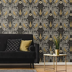 Galerie Wallcoverings Product Code ET12208 - Arts And Crafts Wallpaper Collection - Charcoal Grey Yellow Colours - Bird Scroll Design