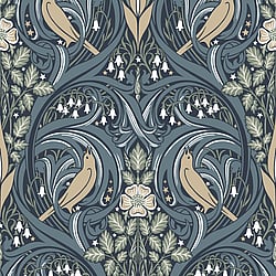 Galerie Wallcoverings Product Code ET12212 - Arts And Crafts Wallpaper Collection - Blue Olive Beige Colours - Bird Scroll Design