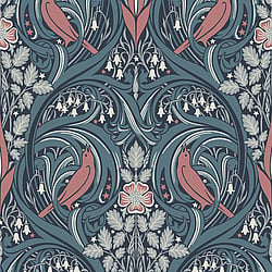Galerie Wallcoverings Product Code ET12222 - Arts And Crafts Wallpaper Collection - Blue Coral Colours - Bird Scroll Design