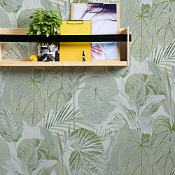 Galerie Wallcoverings Product Code FL61159 - Flourish Wallpaper Collection - Grey/Green Colours - Jungle Leaves Motif Design