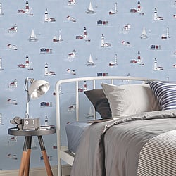 Galerie Wallcoverings Product Code G23313 - Deauville 2 Wallpaper Collection - Sky Blue Red White Colours - Beach Huts Design
