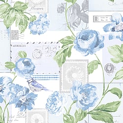Galerie Wallcoverings Product Code S45203 - Country Cottage Wallpaper Collection - Blue Colours - Flowers Postcard Design